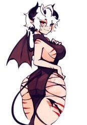 2025 black_hair blaire_rune blairevt breast_lift breasts demon_horns demon_tail demon_wings dress exposed_shoulders from_behind hand_on_breast hand_on_hip handprint handprint_on_ass horns indie_virtual_youtuber large_breasts looking_at_viewer nonbinary red_eyes red_stripes short_hair sideboob skindentation smirk smug striped_body tail thick_thighs thigh_cutout thigh_squish tummy turtleneck turtleneck_dress virtual_youtuber vtuber white_hair wide_hips