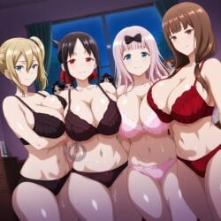 4girls ai_generated breasts female female_only fujiwara_chika hayasaka_ai iino_miko kaguya-sama_wa_kokurasetai_~tensai-tachi_no_renai_zunousen~ large_breasts light-skinned_female light_skin looking_at_viewer pink_hair shinomiya_kaguya shiny_skin thick_thighs thighs wet wide_hips yuukiai