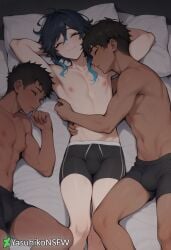 3boys ai_generated armpits arms_around_waist arms_up closed_eyes cuddling dark-skinned_male dark_hair dark_skin femboy genshin_impact gentle hugging interracial light-skinned_male light_skin male_only on_back on_bed sissy sleeping smile twink underwear underwear_only venti_(genshin_impact) yasuhikonsfw