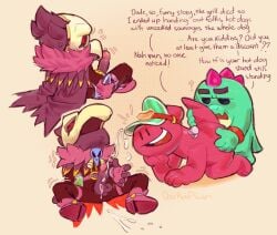 3boys all_fours anal anal_sex anthro anthro_on_anthro anthro_penetrated anthro_penetrating ass ass_grab avian belt black_eyes blush bodily_fluids boots bracelet brawl_stars buzz_(brawl_stars) cape cloak clothed comic crow crow_(brawl_stars) cum cumming dagger darkafsun dialogue dinosaur doug_(brawl_stars) ejaculation english_dialogue english_text erection eyebrows from_behind fur furry gay genital_fluids genitals hand_on_ass hand_on_butt handjob happy hat hi_res hole_in_pants male male/male male_only masturbation mouth_open naked naked_male no_eyebrows nose noseless nude open_mouth orgasm pink_body pink_horns poison precum purple_fur question_mark red_bracelet red_eyes semen sex size_difference skull skull_head skull_mask smile supercell tail teeth text tongue video_games white_teeth