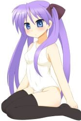1girls 2000s blue_eyes blush female kagami_hiiragi kneeling kurappii lavender_hair looking_at_viewer lucky_star simple_background tagme twintails