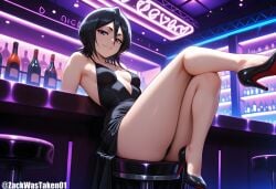 1girls ai_generated black_hair bleach bleach:_the_thousand-year_blood_war dress high_heels kuchiki_rukia legs legs_up looking_at_viewer medium_breasts nightclub purple_eyes rukia_kuchiki seductive_smile tagme zackwastaken01