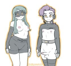 bottomless drone empty_eyes femsub glowing_eyes headphones malesub multiple_subs original penis sleepymaid standing standing_at_attention tech_control topless visor white_background