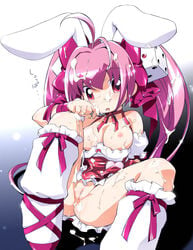 1girls animal_ears blush breasts cum di_gi_charat dice dice_hair_ornament hair_ornament kagura_mizuki medium_breasts nipples no_panties pink_eyes pink_hair pussy rabbit_ears socks solo twintails uncensored usada_hikaru