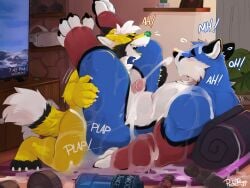 absurd_res anal anal_orgasm anal_sex anthro anthro_on_anthro anthro_penetrated anthro_penetrating anthro_penetrating_anthro blue_body blue_fur bodily_fluids canid canine claws closed_eyes cum cum_everywhere cum_on_face cum_on_own_face cum_on_self cum_while_penetrated cumshot detailed_background dipstick_tail duo ejaculation electronics erection excessive_cum excessive_genital_fluids fluffy fluffy_tail fox fur genital_fluids genitals green_nose hands-free hi_res humanoid_genitalia humanoid_penis lube_bottle male male/male male_penetrated male_penetrating male_penetrating_male mammal markings messy mile open_mouth orgasm overweight overweight_anthro overweight_male pache_riggs penetration penile penile_penetration penis penis_in_ass reclining sex tail tail_markings television toe_claws yellow_body yellow_fur yoga_mat