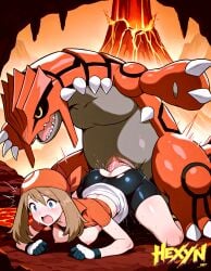 ai_generated all_fours anime groudon hexynart legendary_pokemon may_(pokemon) outdoors pokemon pokemon_(game) pokemon_ruby_sapphire_&_emerald reptile volcano