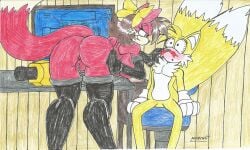1girl1boy beige_fur big_ass big_breasts big_butt blood_nose blue_eyes blush brown_hair embarrassed_expression embarrassed_male female fiona_fox fox_boy fox_girl furry long_boots long_gloves male marlon64 mobian_(species) naked_boots naked_female naked_gloves red_body red_fur ribbon_in_hair seduction seductive_look short_hair_female showing_ass sonic_the_hedgehog_(archie) surprised surprised_expression tails tails_the_fox tools traditional_drawing_(artwork) white_fur workshop yellow_body yellow_fur