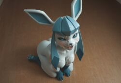 ai_generated anthro anthropomorphic beautiful bedroom big_breasts blue_eyes breasts breeding_request cum_in_mouth cum_on_breasts cum_on_face cumshot female fox fox_girl fur furry furry_only generation_4_pokemon glaceon in_heat inviting_to_sex kneeling_on_ground looking_at_viewer on_knees pokemon pokemon_(species) seductive seductive_look seductive_smile sexy sexy_body sexy_pose tits_out wet_pussy