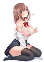 1girls areola_slip arm_between_legs bare_shoulders bed_sheet black_skirt black_thighhighs blush bow bow_bra bowtie bra breasts brown_hair check_commentary cleavage collarbone collared_shirt commentary_request dress_shirt floral_print from_side full_body hair_between_eyes highres large_breasts long_hair long_sleeves looking_at_viewer minamihama_yoriko no_shoes off_shoulder on_bed open_clothes open_shirt original parted_lips pink_bra pleated_skirt print_bra purple_eyes red_bow red_bowtie school_uniform shirt shirt_tucked_in sidelocks simple_background sitting skindentation skirt soles solo strap_slip thighhighs thighs twitter_username underwear undressing wariza white_background white_shirt