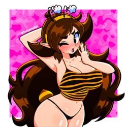 bee bee_girl big_breasts brown_hair one_eye_closed susiehatter tank_top voluptuous_female yawning