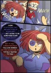 1girls big_breasts breasts caine_(the_amazing_digital_circus) comic dialogue female lordfink ragatha_(the_amazing_digital_circus) red_hair text the_amazing_digital_circus
