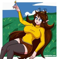 bee bee_girl big_breasts breasts brown_hair laying_on_back susiehatter sweater voluptuous_female
