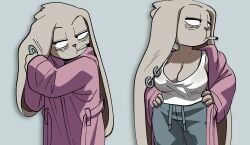 1girls black_bra bra breasts bunny_tail canela_(inkershike) cigarette cleavage coolerinker dressing_up eyebags female furry huge_breasts inker_comics inkershike long_ears no_bra original original_character pants piercing pink_clothing rabbit rabbit_ears rabbit_girl robe unbuckled_belt white_shirt