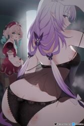 2girls ass ass_focus bruise castorice_(honkai:_star_rail) female highres honkai:_star_rail hyacine_(honkai:_star_rail) lingerie looking_at_viewer looking_back pov purple_hair starflake_(artist) tagme