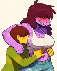 anthro artist_request big_breasts blush clothed deltarune foreplay human_on_anthro kris_(deltarune) larger_female licking muscular_female purple_skin susie_(deltarune) tanktop