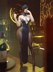 3d asian asian_female black_hair breasts cleavage digital_media_(artwork) dress elegant faith_connors high_heels long_fingernails mirror's_edge nail_polish noahgraphicz short_hair solo solo_female stockings tattoo thick_thighs