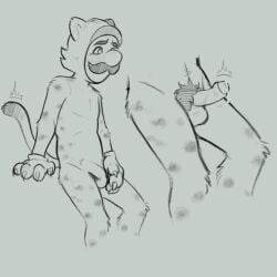 1boy anthro balls boner cat_luigi cat_suit claws colorless erection facial_hair fur genitals looking_down looking_down_at_penis luigi male male_only mammal mario_(series) moustache nintendo penis pubic_hair simple_background solo solo_male super_mario_3d_world tail testicles unknown_artist