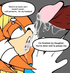 1boy 1girls big_penis blue_eyes cum cum_on_face dialogue english_text female female_focus incest looking_at_partner orange_fur orange_hair red_body sonic_(series) text tikal_the_echidna yungcreateart