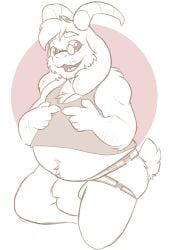 1boy anthro asriel_dreemurr ass belly biped bovid bulge caprine clothing detailed_bulge eyewear floppy_ears glasses goat hi_res horn jockstrap line_art male male_anthro male_only mammal overweight overweight_anthro overweight_male shirt shy solo tank_top tbid topwear undertale undertale_(series) underwear