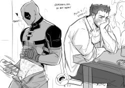 2boys anger_vein arm_hair artificial_vagina balls beard blush bodysuit cervix character-themed_artificial_vagina cum cuntboy deadpool deadpool_&_wolverine deadpool_(series) dreaming_oor english_text erection facial_hair full-face_blush gloves heart highres intersex male male_focus marvel marvel_cinematic_universe mask monochrome multiple_boys muscular muscular_male pants pectorals penis pussy scar scars_all_over sex_toy shirt short_hair sitting superhero_costume table tearing_up teeth telepathic_sex testicles uncommon_stimulation voodoo wolverine_(x-men) x-men x-ray yaoi