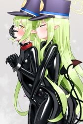 2girls absurdres blue_archive bodysuit breasts collar cuffs female female_masturbation finger_in_another's_mouth green_hair handcuffs hat highres hikari_(blue_archive) impossible_bodysuit impossible_clothes latex latex_bodysuit long_hair maguro27 masturbation multiple_girls nozomi_(blue_archive) pointy_ears sex sex_from_behind shako_cap skin_tight small_breasts standing tail very_long_hair yellow_eyes young yuri