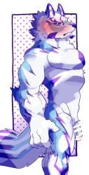 abs absurd_res anthro balls blue_eyes blush canid canine clawlion flaccid fur genitals hi_res lifewonders live_a_hero male mammal muscular muscular_anthro muscular_male nude pecs penis sadayoshi side_view solo striped_body striped_fur stripes white_body white_fur