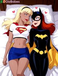 2girls ai_generated arm_around_partner barbara_gordon batgirl batman:_the_animated_series batman_(series) bed bedroom belt blonde_hair blue_eyes bodysuit cape capelet dc_comics dcau dizbabes female female_only gloves hairband hand_on_another's_hip heart justice_league justice_league_unlimited kara_zor-el lipstick looking_at_another looking_at_partner lying mask midriff miniskirt navel on_back on_bed parted_lips red_hair shirt smile stable_diffusion supergirl superheroine superman:_the_animated_series superman_(series) t-shirt the_new_batman_adventures yellow_gloves yuri