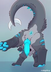 absurd_res aldyderg anthro anus ass bent_over blue_eyes blue_penis dragon feet forked_tail fur genitals grey_body grey_fur hi_res hindpaw knot knotted_penis lunar_abyss male multicolored_body multicolored_fur multicolored_tail mythological_creature mythological_scalie mythology pawpads paws penis presenting presenting_hindquarters scalie solo tail unusual_anatomy unusual_tail