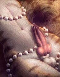 ambiguous_species animal_genitalia animal_penis anthro balls bodily_fluids brown_body brown_fur brown_tail canine_genitalia canine_penis erection faceless_anthro faceless_character faceless_male fur genital_fluids genitals heron_stellanimus hi_res himeragoldtail knot lying male navel nude on_back penis pink_penis precum precum_bead sheath solo tail white_balls white_body white_fur white_sheath
