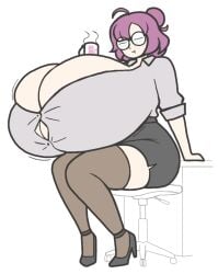 aplovestudio bursting_breasts clothed coffee gigantic_breasts glasses hyper_breasts office office_lady original_character purple_hair thighhighs tired