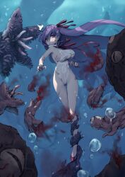 battle bb_(fate) bb_(swimsuit_mooncancer) big_breasts blood breasts erect_nipples eyes fate/grand_order fate_(series) female fight fighting grabbing_legs high_heels long_hair monster nipple_bulge purple_eyes purple_hair restrained restrained_by_tentacles ribbon rou_(rou22) skin_tight swimsuit tentacle tentacle_grab thick_thighs underwater