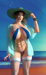 3d 3d_(artwork) beach big_ass big_breasts big_butt bikini bikini_bottom bikini_top breasts brown_hair day daz_studio female female_focus female_only french_nails hair hat huge_breasts lara_croft lara_croft_(survivor) large_ass large_breasts long_hair looking_at_viewer metal_01 milf mother open_clothes open_mouth ponytail standing stockings summer swimsuit tight_clothing tomb_raider