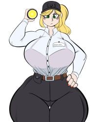 black_pants blonde_hair bra_visible_through_clothes five_nights_at_freddy's five_nights_at_freddy's:_security_breach flashlight fnaf hand_on_hip huge_ass huge_breasts hyper_thighs isolatedartest massive_thighs thunder_thighs vanessa_(fnaf) white_shirt wide_hips