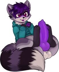 2d 2d_(artwork) anthro autofootjob balls clothing embarrassed erection feet footjob footwear fur furry furry_only genitals grey_body grey_fur hair hi_res hoodie knot male mammal markings panigity pawpads paws paws_around_penis penis pitayapunch procyonid purple_body purple_eyes purple_fur purple_hair purple_pawpads purple_penis raccoon seductive solo striped_markings striped_tail stripes tail tail_markings tapering_penis text thick_thighs topwear white_background