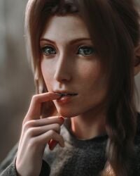 1girls 3d 3d_(artwork) aerith_gainsborough bangs bedroom_eyes biting_finger blender blender_(software) blurry_background braid braided_hair braided_twintails brown_hair close-up ecksoh female female_focus female_only final_fantasy final_fantasy_vii final_fantasy_vii_remake finger_in_mouth green_eyes highres lips long_hair looking_at_viewer