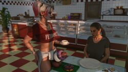 1futa 1girls 3d batman_(series) big_balls big_penis blurry_background bottomless_futanari catwoman catwoman_(injustice) dc dc_comics donut donut_on_penis food food_play futanari g_shtein harley_quinn harley_quinn_(injustice) injustice_2 penis selina_kyle veiny_balls veiny_penis veiny_testicles