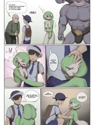 1girls bulge bulge_through_clothing comic dialogue english english_text florian_(pokemon) gardevoir green_body green_skin human humanoid imminent_rape machamp monster penis penis_bulge pokémon_(species) pokemon pokemon_(species) pokemon_rgby pokemon_rse pokemon_sv size_difference speech_bubble wjs07