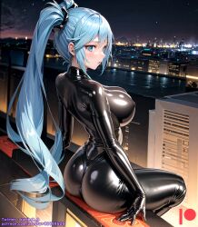 ai_generated back bodysuit breasts female kuriboh_ex_(artist) latex latex_suit oppai rubber rubber_suit turquoise_eyes turquoise_hair