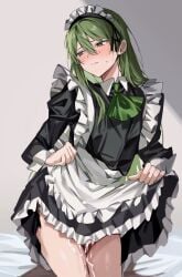 1boy absurdres alternate_costume apron ascot bed black_dress black_eyes blush closed_mouth clothes_lift crossdressing cum dress dress_lift enmaided femboy frilled_dress frills green_ascot green_hair green_nails hair_between_eyes highres lifted_by_self lobotomy_corporation long_hair long_sleeves maid maid_headdress male male_focus male_maid male_only mu46016419 nail_polish netzach netzach_(library_of_ruina) netzach_(project_moon) nose_blush on_bed otoko_no_ko project_moon simple_background solo trap white_apron
