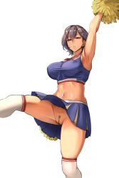 1girls 2018 ahoge arm_up armpits black_hair blue_shirt blue_skin bored breasts censored cheerleader cheerleader_uniform crop_top female female_only flat_belly hair_between_eyes hairclip highres large_breasts leg_up midriff navel no_panties original pepe_(jonasan) pink_eyes pom_poms pubic_hair pussy shirt simple_background skindentation skirt sleeveless sleeveless_shirt solo standing teeth thighhighs thighs tight_clothing unmotivated_little_sister_(pepe_(jonasan)) white_background