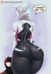 1boy 1girls ass big_ass big_butt cameltoe clothed clothing dialogue female female_focus fully_clothed gwen_stacy looking_at_viewer looking_back looking_back_at_viewer male marvel miles_morales spider-gwen spider-man_(series) text tom_wlod wide_hips