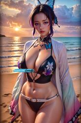 1girls adapted_costume ai_generated beach cleavage coomette demon_slayer female kimetsu_no_yaiba kochou_shinobu light-skinned_female light_skin looking_at_viewer mommy outdoors purple_eyes purple_hair realistic stable_diffusion swimsuit thick_thighs