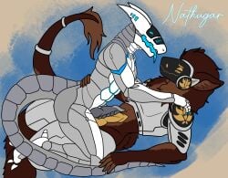 2022 3_toes 5_fingers abs abstract_background antennae_(anatomy) anthro anthro_on_anthro ass athletic athletic_anthro athletic_male biped blue_claws blue_eyes blue_markings blue_tongue blush brown_body brown_fur claws colored countershading cute_fangs digital_drawing_(artwork) digital_media_(artwork) digitigrade duo ear_tuft erection eyebrows feet finger_claws fingers fluffy frottage fur genitals glans glowing glowing_markings grey_body hand_on_back hand_on_shoulder hi_res horn kneeling knot komuros looking_at_another looking_at_partner looking_down looking_up lying machine male male/male markings metallic_body mocha_(nathugar) multicolored_body nathugar navel nude on_back open_mouth pecs penis protogen pupils ridged_penis robot sex side_view signature simple_background slit_pupils smile straddling synth_(vader-san) tail tail_tuft toes tongue tongue_out tuft two_tone_body visor white_body white_countershading