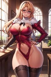 1girls ai_generated aicreator blonde_hair female_focus freezing_(series) glasses large_breasts looking_at_viewer navel satellizer_el_bridget solo stable_diffusion thick_thighs