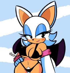 1girls big_breasts black_bikini black_bra black_panties bra diego_mejia female furry half-closed_eyes large_breasts looking_at_viewer panties pubic_hair rouge_the_bat solo sonic_(series) standing wide_hips