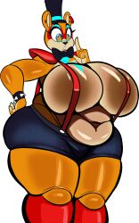 five_nights_at_freddy's five_nights_at_freddy's:_security_breach freddy_(fnaf) glamrock_freddy_(fnaf) huge_ass huge_breasts isolatedartest looking_down rule_63 solo solo_female thinking tight_clothing tight_shorts wide_hips