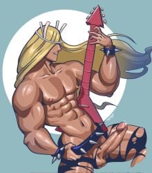 1boy abs blonde_hair cartoon_network casual_erection caucasian collarbone dexter's_laboratory feet_out_of_frame guitar guitarist hair_covering_eye hair_covering_eyes hair_ornament hanna-barbera instrument justice_friends long_hair long_hair_male male male_only midnyte muscular muscular_arms muscular_male musical_instrument nytnyte pecs penis playing_guitar playing_instrument precum precum_on_penis solo solo_male spiked_belt spiked_bracelet standing uncensored val_hallen valhallen