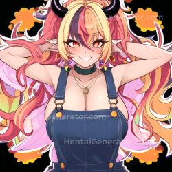 ai_generated arms_behind_head arms_up breasts crazy_smile demon demon_girl demon_horns e-girl hentaigenerator.com large_breasts long_hair multicolored_hair overalls overalls_only smile twintails watermark