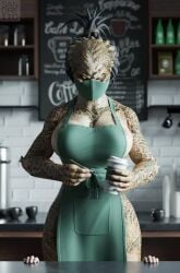 1boy 1girls alien alien_girl apron apron_only big_ass big_breasts female_yautja hourglass_figure iced_latte_with_breast_milk looking_at_viewer mask meme predator_(franchise) sandreiio serious serious_look slim_waist tied_hair yautja yellow_eyes