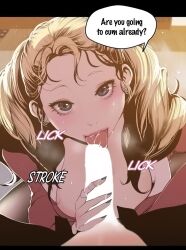 blonde_hair blowjob blue_eyes brave_new_world drill_hair erection fellatio jin_seo-rin lee_ho-seung pov saliva saliva_trail wet yoongonji